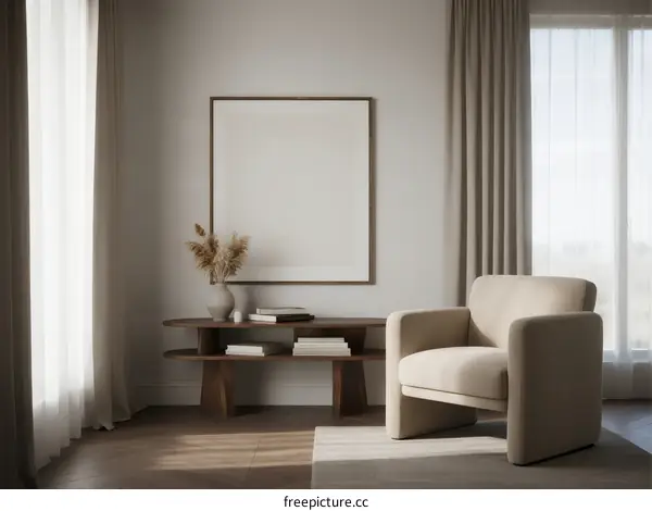 Minimalist Living Room Interior with Armchair and Empty Frame