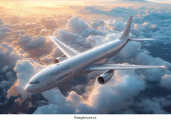 futuristic airplane flying above the clouds