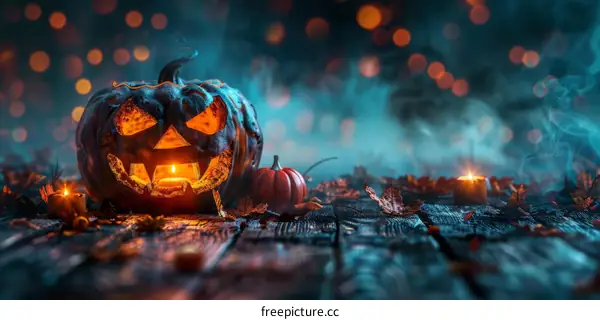 Spooky Halloween Pumpkin with a Creepy Face Carved into It