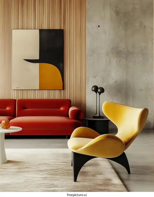 Modern Living Room Interior Design with Mustard Yellow Chair