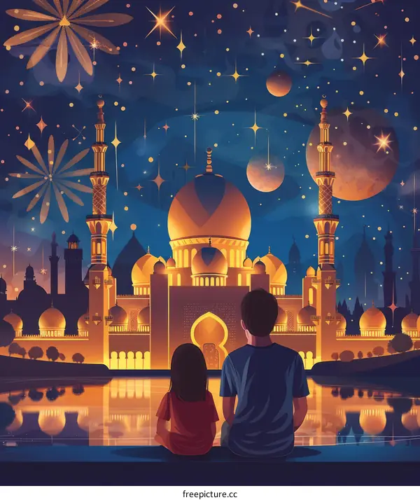 Father and Daughter Witnessing Fireworks Display Over a Mosque