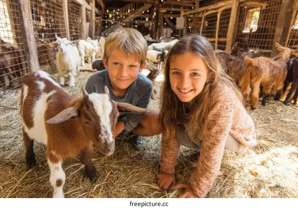 Children interacting with baby goats at a farm