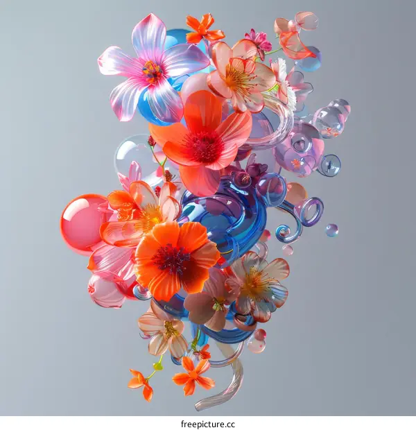 Vibrant 3D Flowers and Glass-like Spheres
