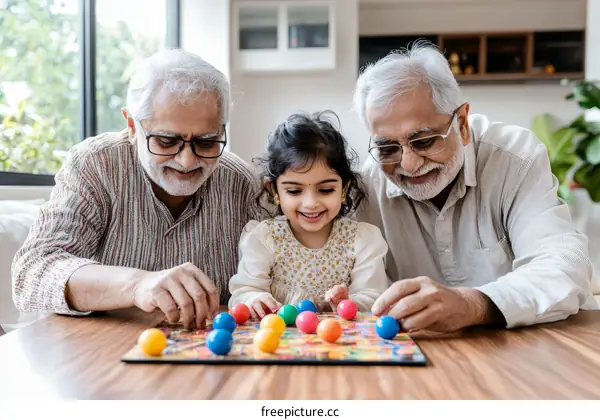 Grandparents and Granddaughter Playing a Board Game