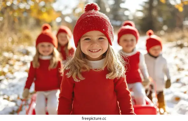 Children in Red Wearing Hats Outdoors in Snow