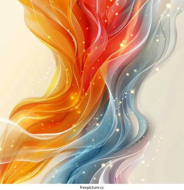 Abstract Background with Orange, Blue, and Gold Wavy Lines and Sparkles