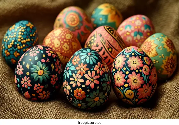 Colorful Hand-Painted Easter Eggs on Burlap
