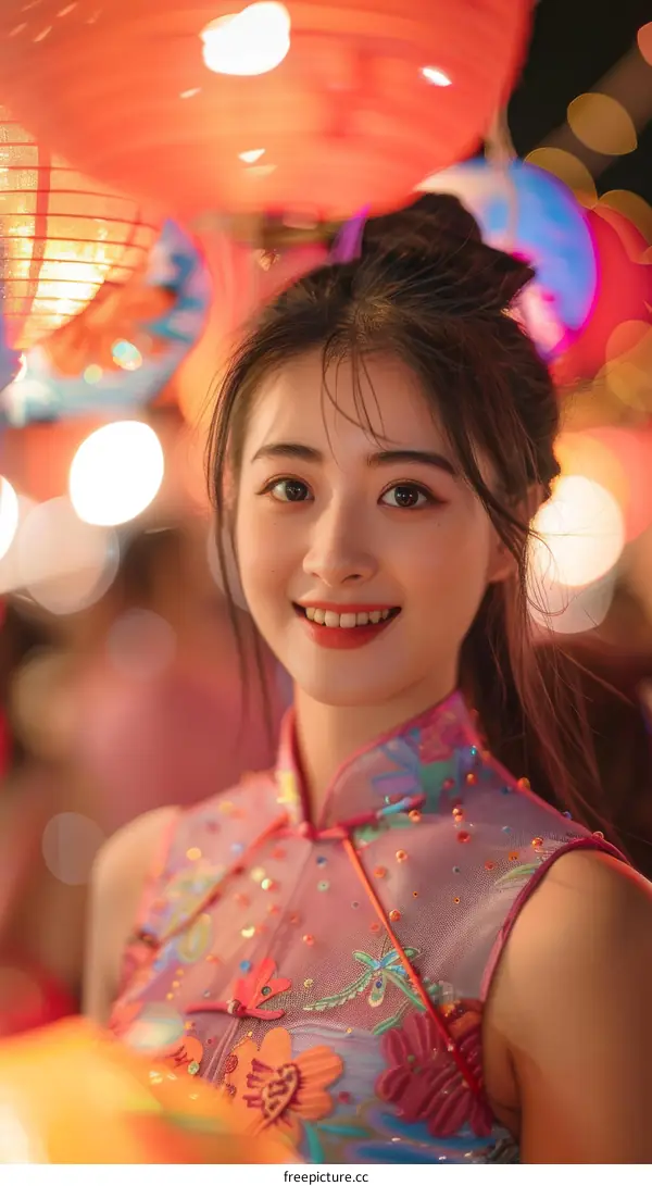Portrait of a young Chinese woman in traditional clothing smiling at the camera