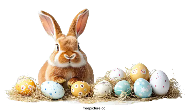 [Transparent Background PNG]Adorable Easter Bunny with Colorful Eggs