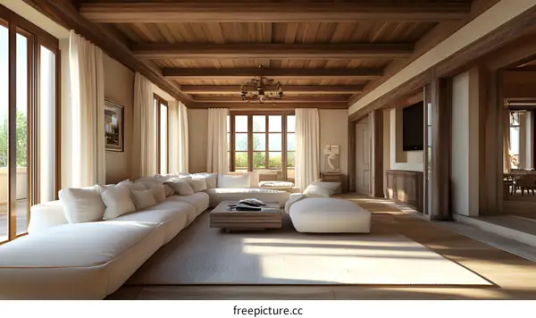 Modern Living Room With Wooden Ceiling And Large Windows