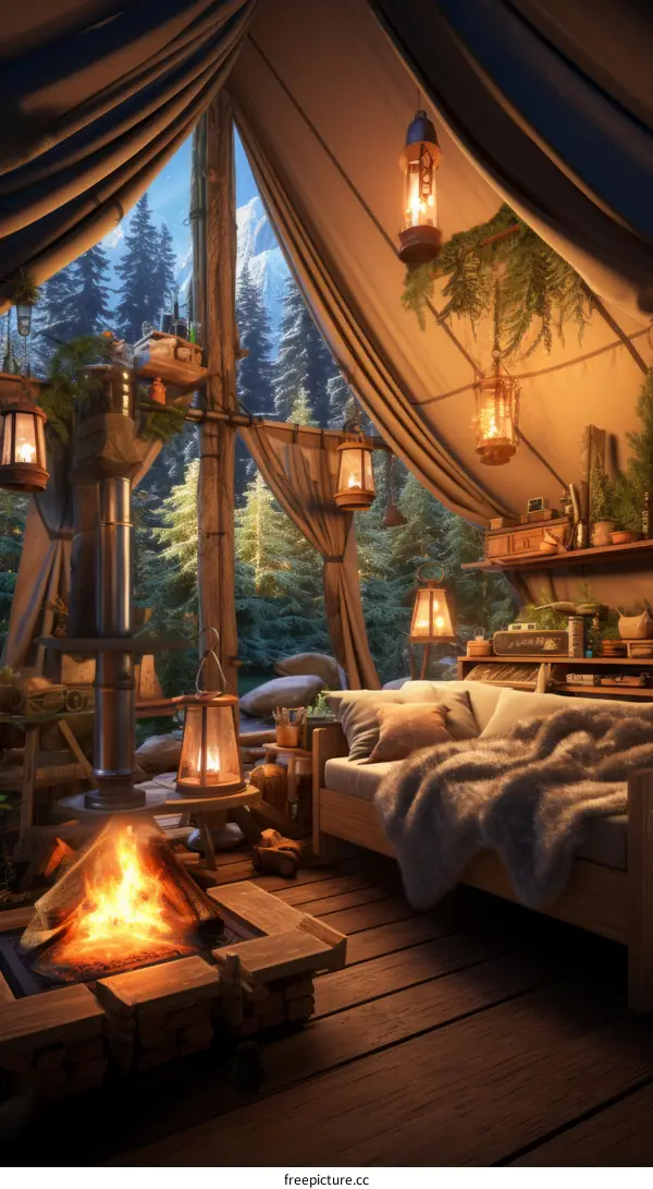 Cozy cabin in the woods with a fireplace and a view of the mountains