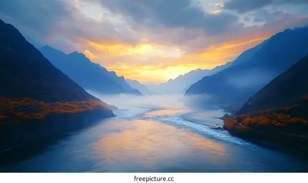 Majestic Mountain River Sunset Landscape