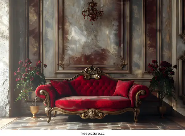 Elegant Vintage Red Velvet Sofa for Interior Design