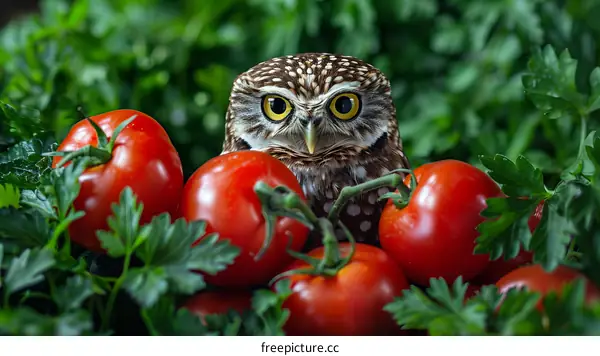 Owl hiding in a tomato plant
