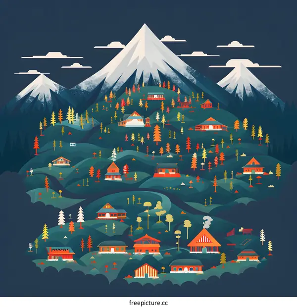 Mountain Village Illustration with Colorful Houses