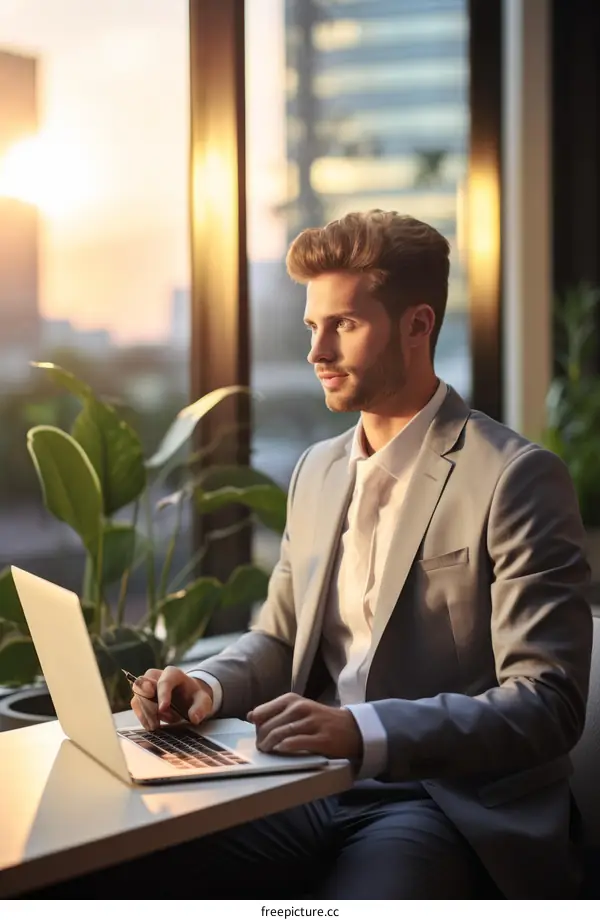 A young professional works on his laptop in a modern office