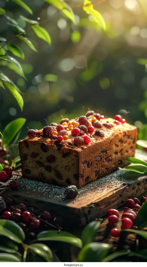 Close-up of a delicious homemade fruitcake with fresh berries on a wooden table in the garden