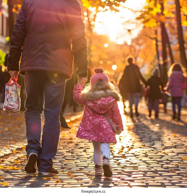 Father and Daughter Walking in Autumn Park