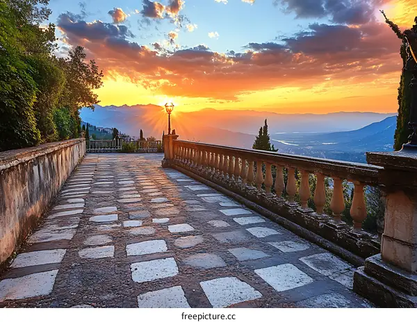 Stone Pathway With Sunset View Over Mountains