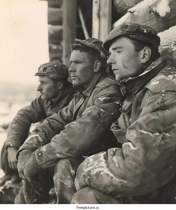 Three men wearing winter coats and caps are sitting on a snowy porch.