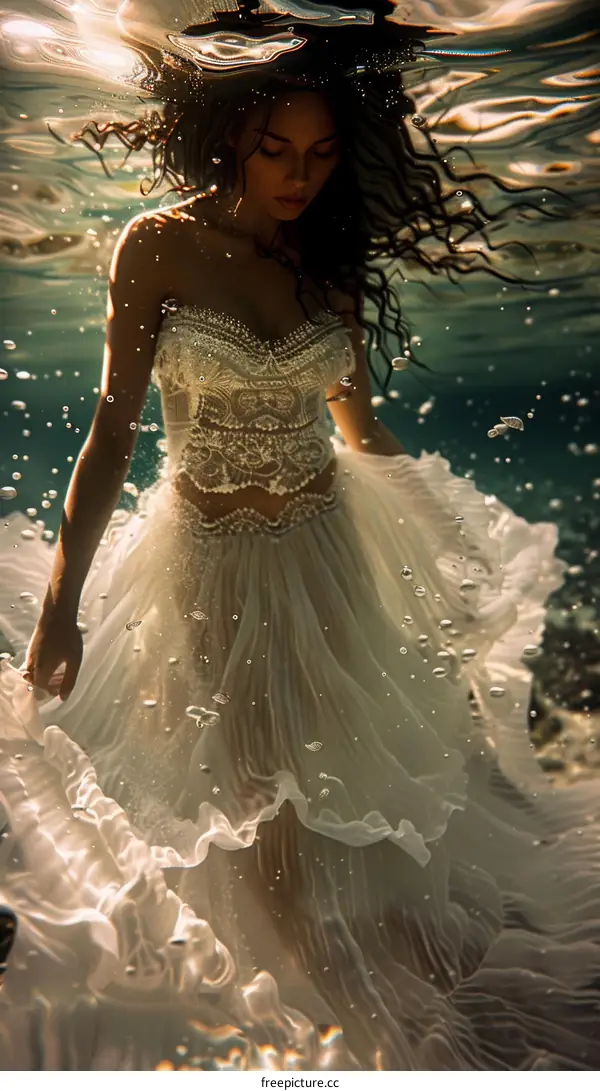 An ethereal underwater photoshoot of a bride wearing a white dress