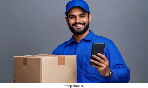 Smiling Delivery Person with Package and Smartphone