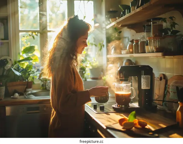 A young woman is making coffee in the kitchen