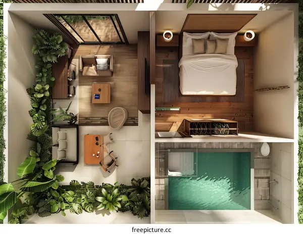 Top-Down View of a Modern Tropical Suite with Pool