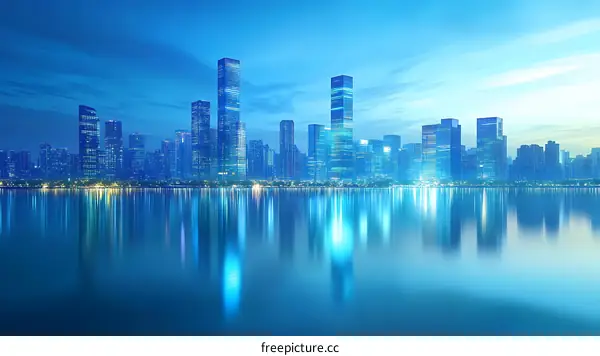Modern City Skyline at Twilight with Reflection