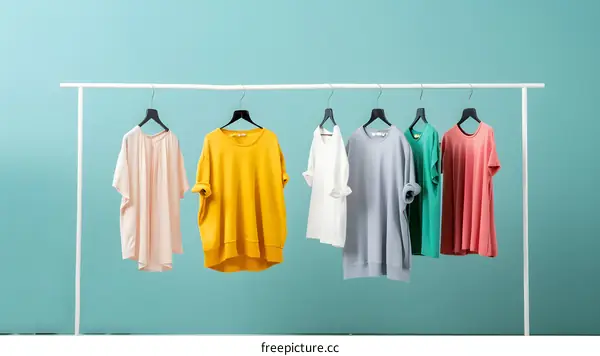 Colorful T Shirts Hanging on a Clothes Rack Against a Turquoise Background