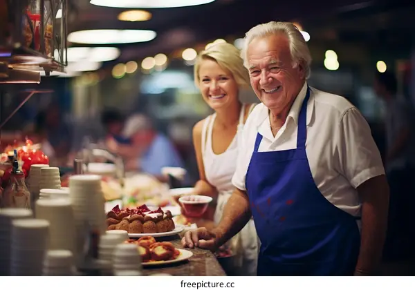 Portrait of a happy senior man and woman standing in a restaurant