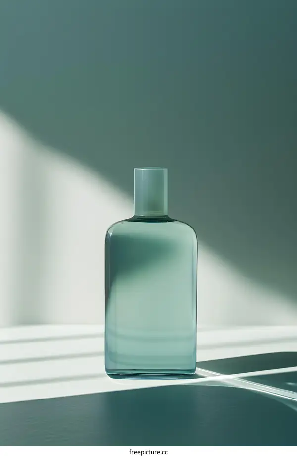 Blue translucent square perfume bottle on white table against green background