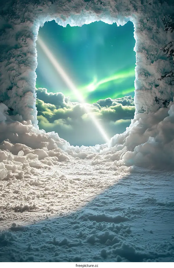 Aurora Borealis View From Snowy Cave
