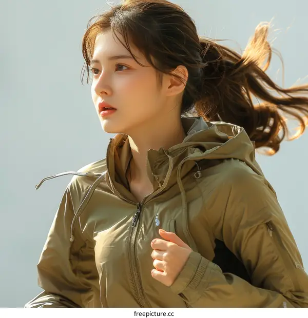 A young Asian woman in a green jacket is running