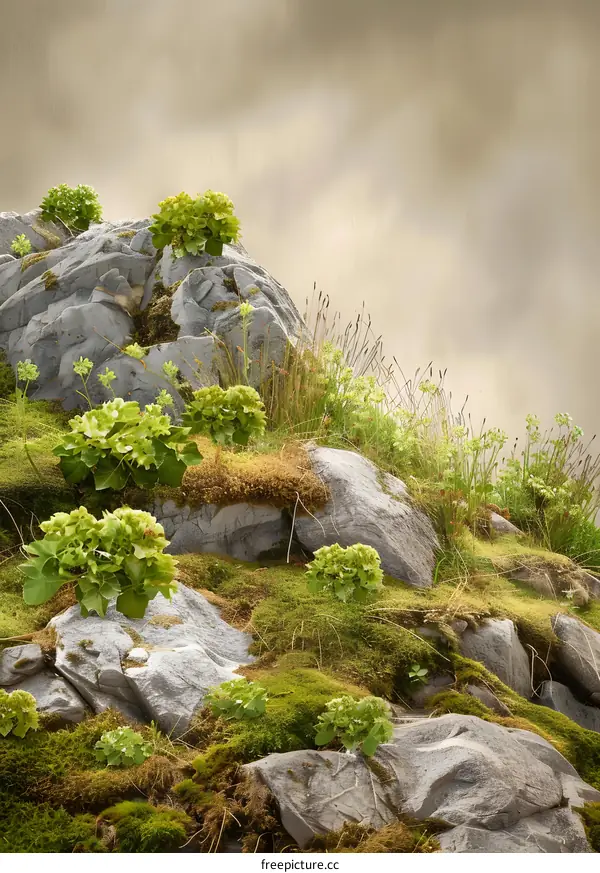Green Plants Growing on Rocky Mountainside Under a Cloudy Sky
