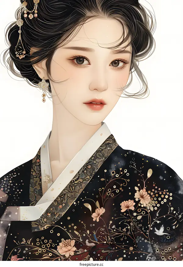 A digital painting of a young woman in a traditional Korean hanbok dress with a white background