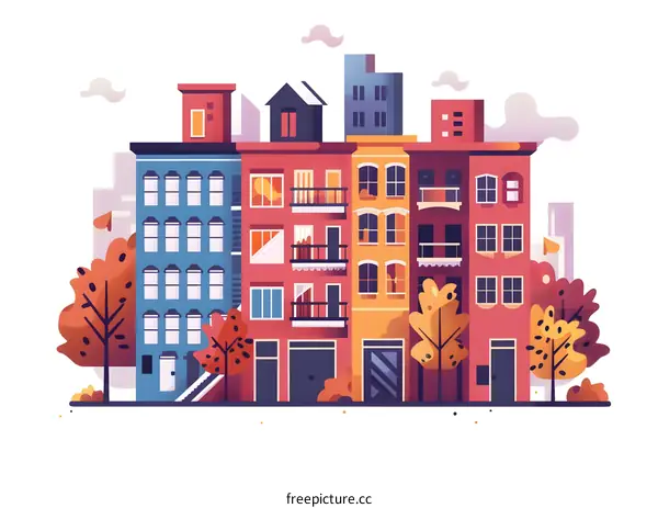 Colorful Row of Buildings With Trees on Sidewalks