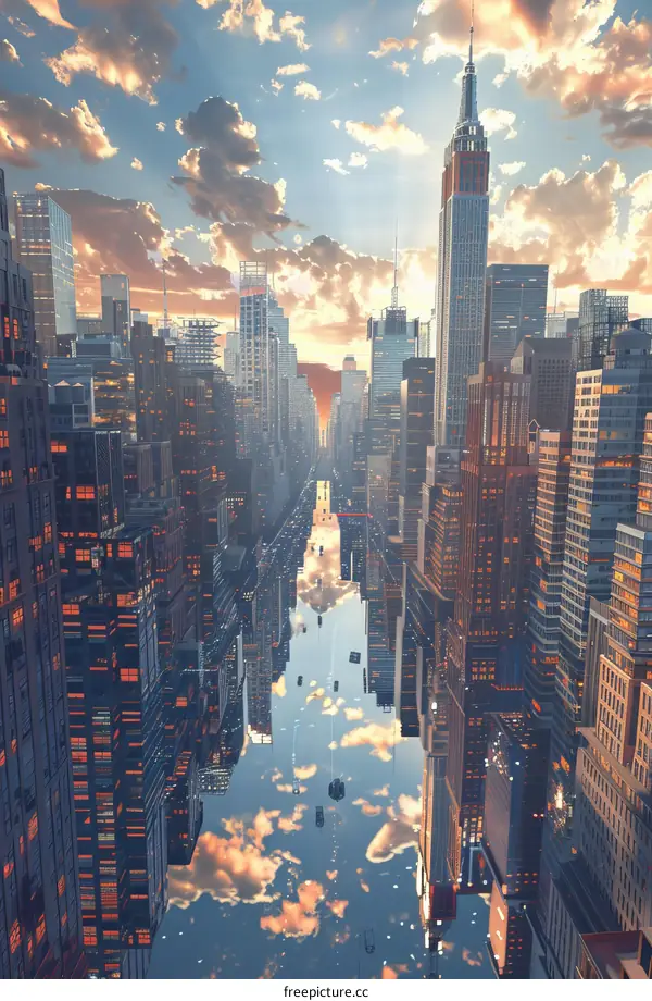 Digital Painting of Cityscape with River at Sunset