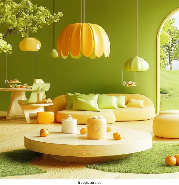 Colorful Living Room Illustration with Soft Furnishing