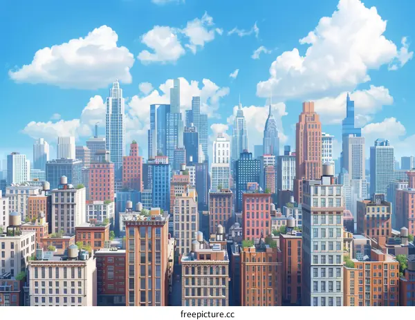 A Vibrant Metropolis with Majestic Skyscrapers and a Serene Blue Sky