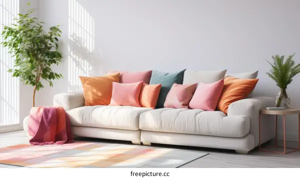 Modern and airy living room with colorful pillows and rug