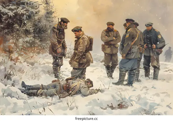 Group of Soldiers Standing Over a Fallen Comrade in the Snow