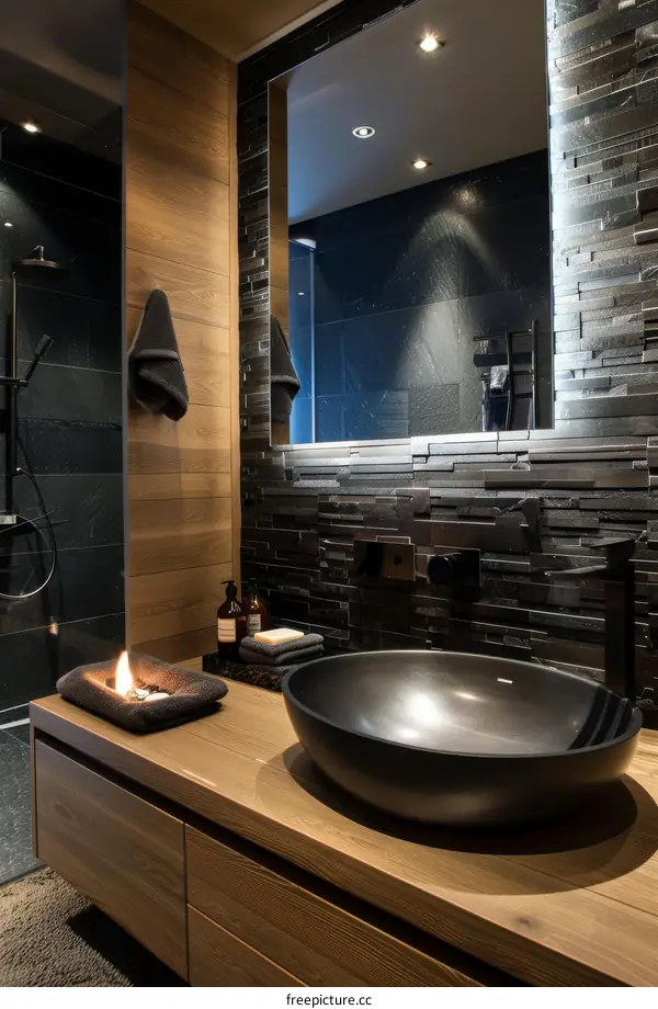 Modern Wooden Bathroom Vanity with Black Sink