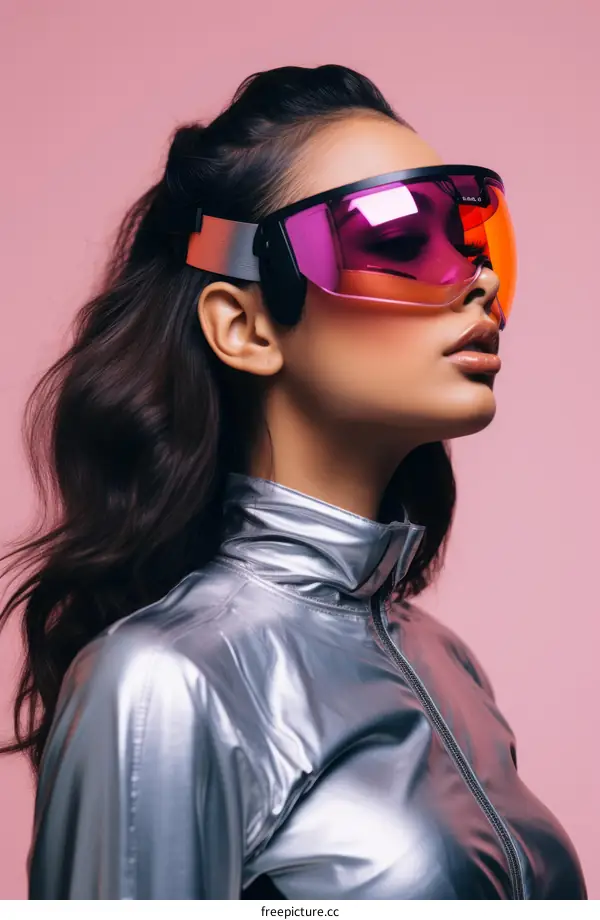 A woman wearing futuristic sunglasses