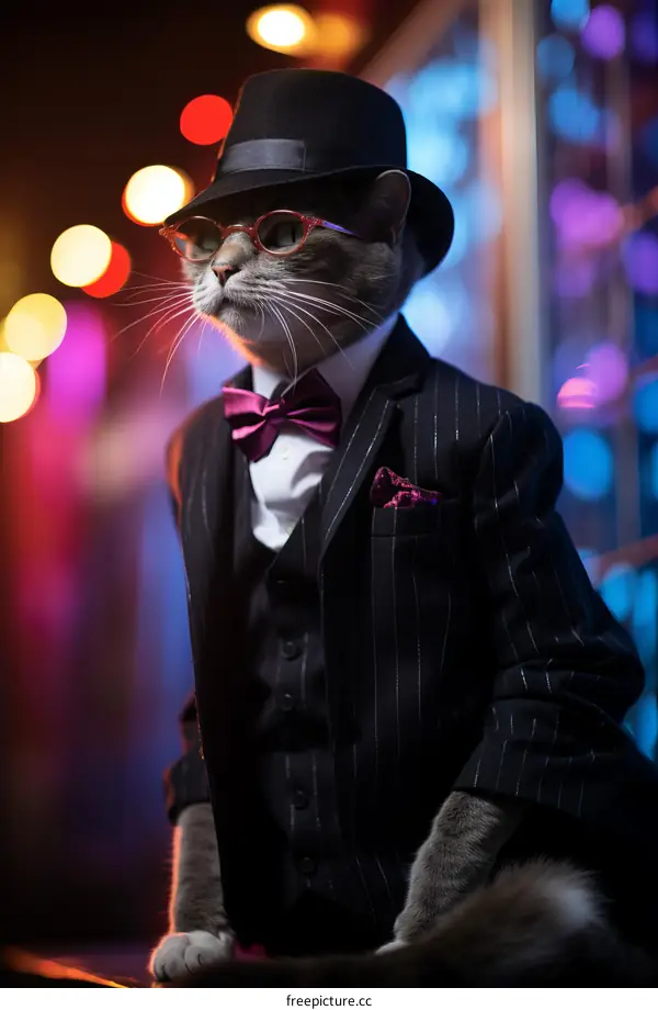 A cat wearing a suit and hat