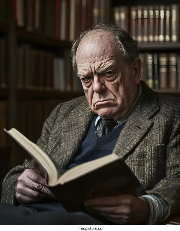Elderly Man Reading Book in Library