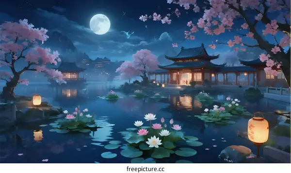 A serene night scene with traditional Chinese architecture, lotus pond, and full moon