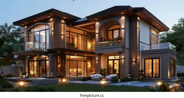 Modern Luxury Villa with Backyard and Illuminated Garden