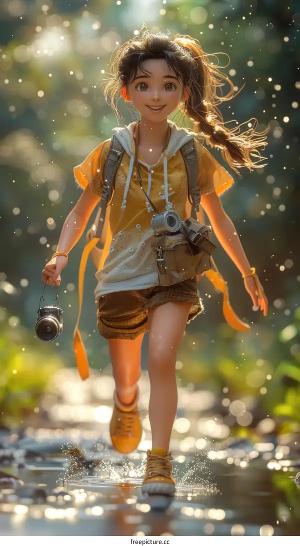An illustration of a girl in a yellow shirt and brown shorts running through a forest