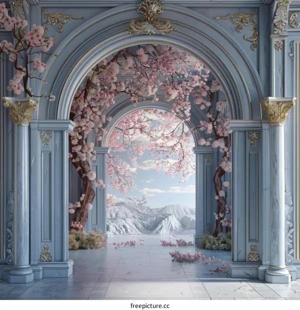 Pink cherry blossom trees in a blue stone corridor